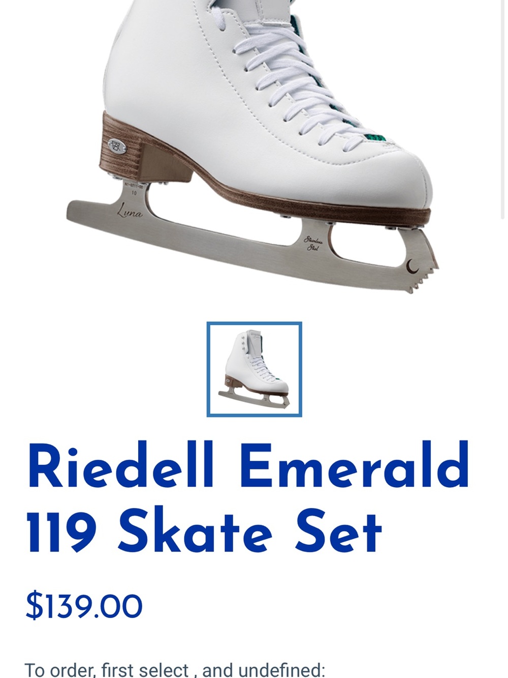Riedell Emerald 119 White ice Skates with Brown Sole
